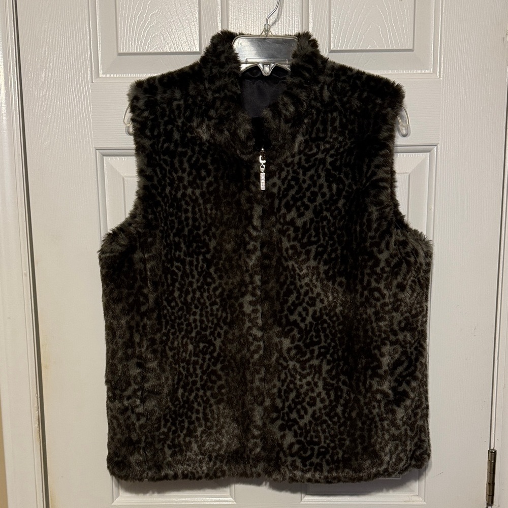 Guess Brown and Gray Faux Fur Reversible Black Satin Solid Vest Large‎